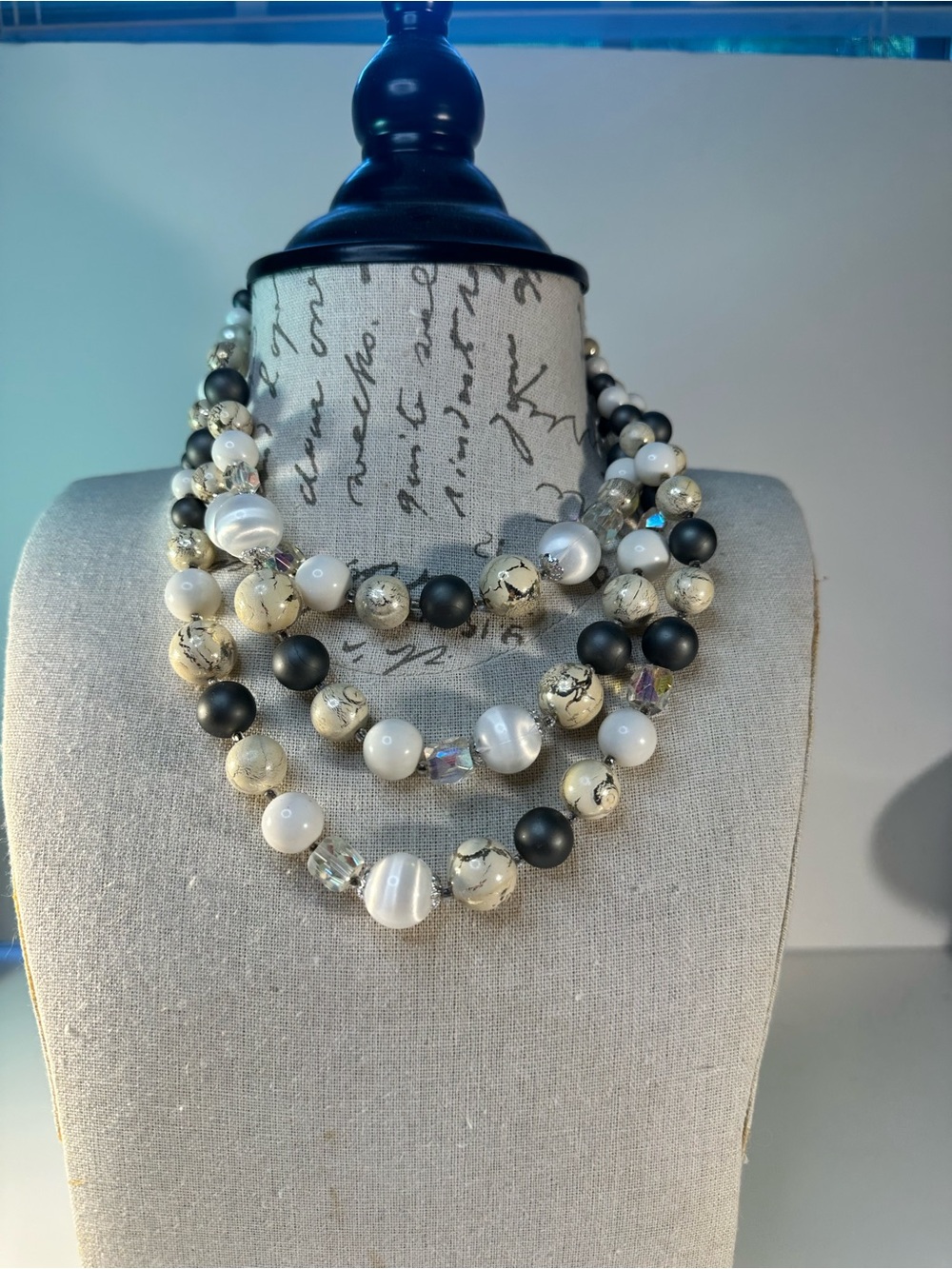 Multi-Strand Black, White & Gold Beaded Statement Necklace